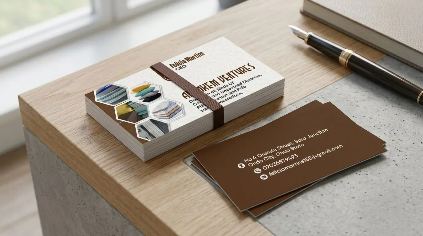 Two-sided printed business cards stacked on a desk, showing the front design and the contact details on the reverse.