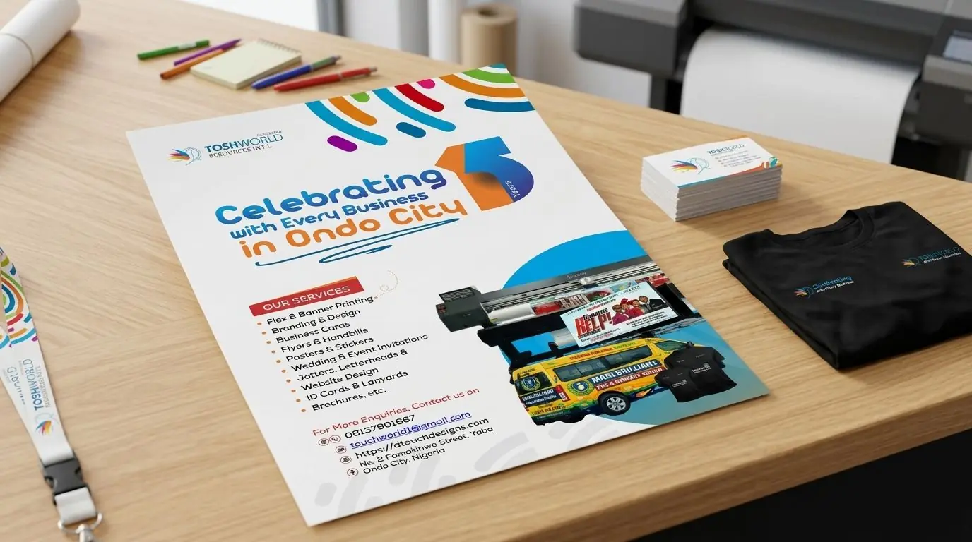 Toshworld campaign flyer laid out with branded business cards, a lanyard and a branded T-shirt.