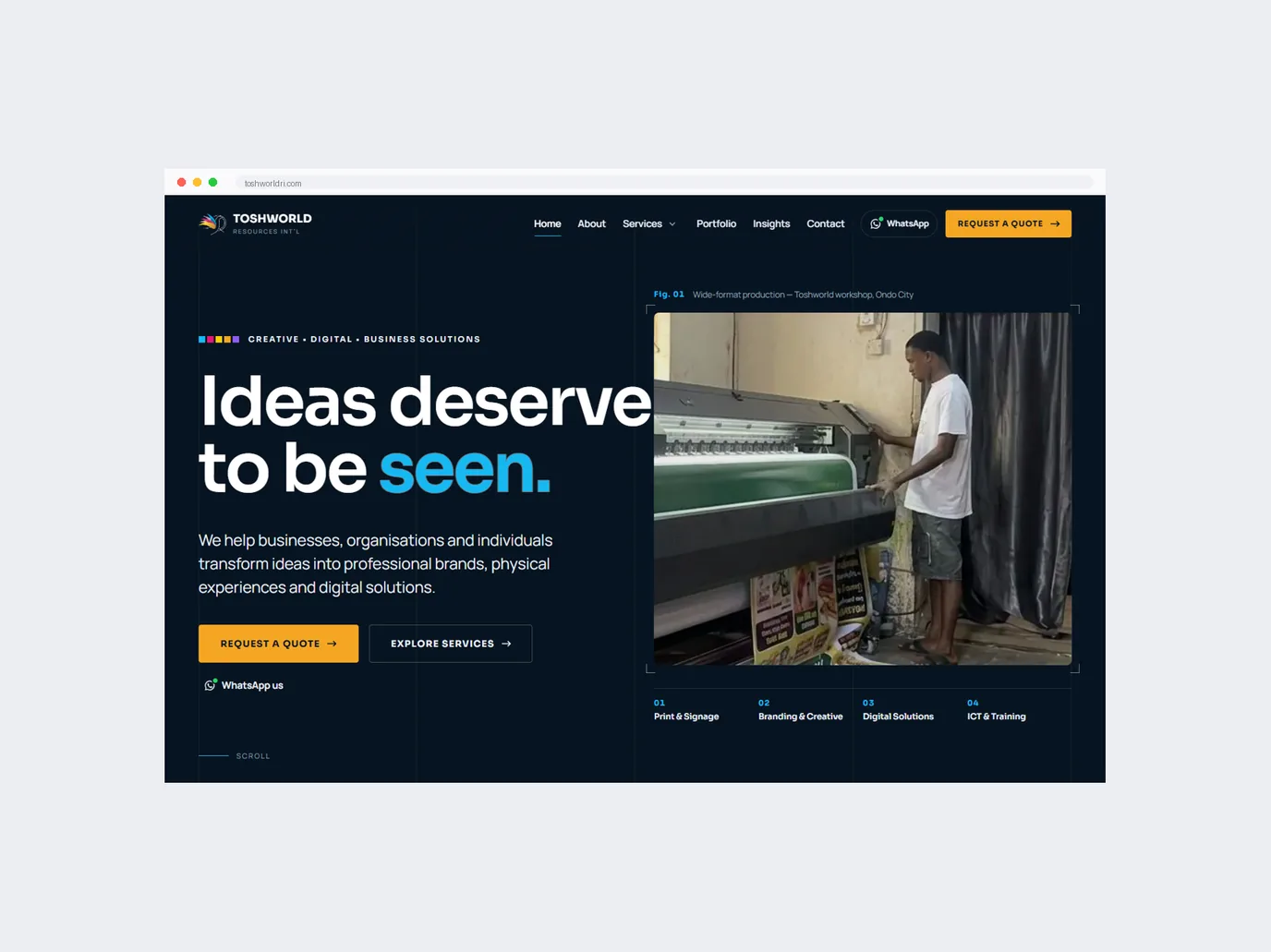 The Toshworld website home page in a browser window, showing the hero headline and workshop photograph.